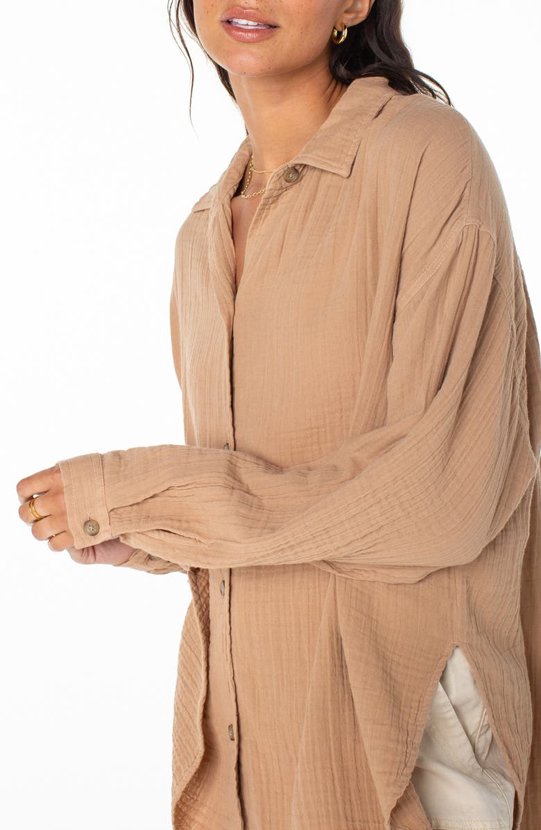 Roxy Morning Time Cotton Gauze Button-Up Shirt, Alternate, color, Praline Solid Stamp