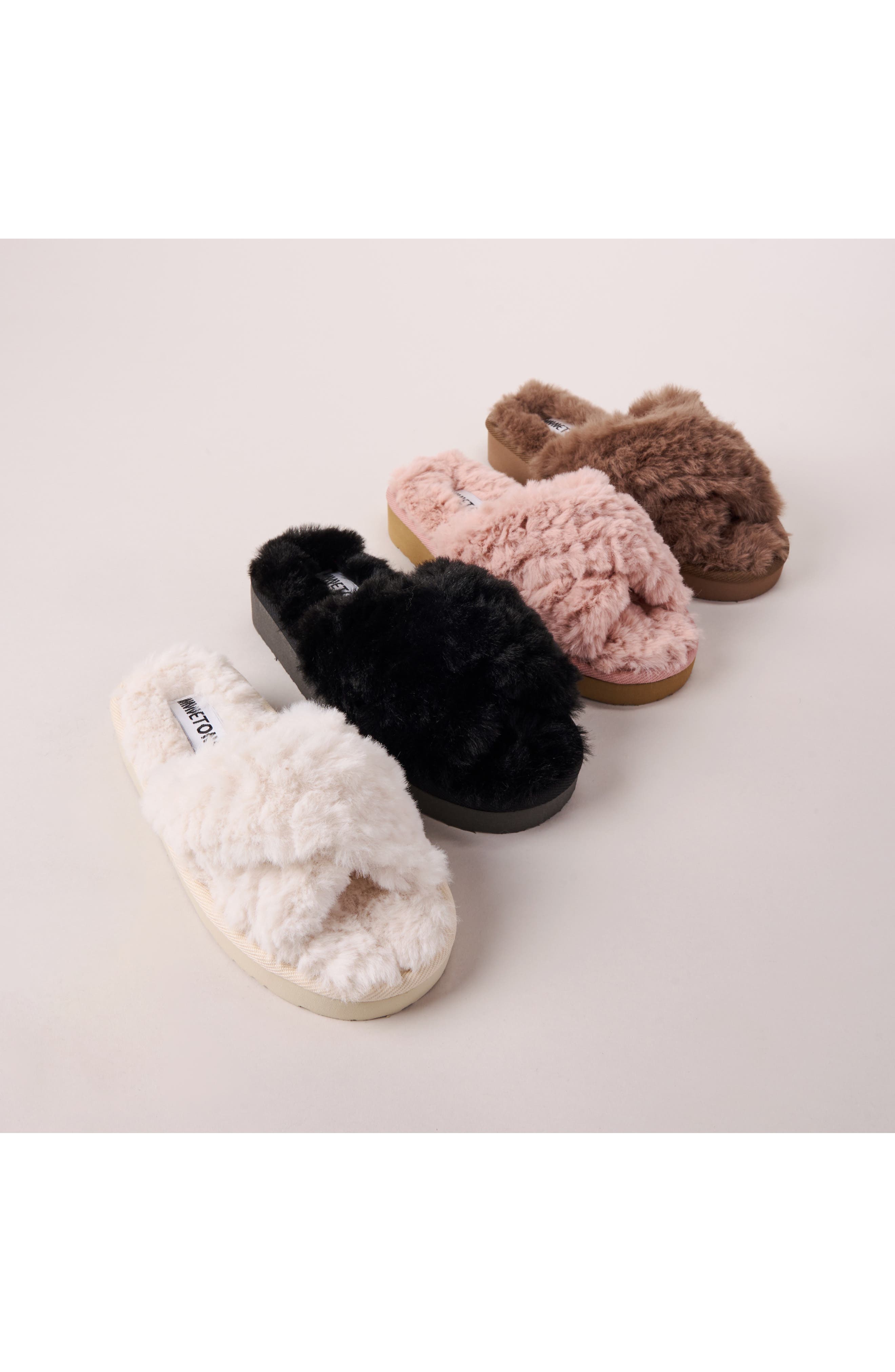Minnetonka Teddy 3 Faux Fur Slipper, Alternate, color, Black