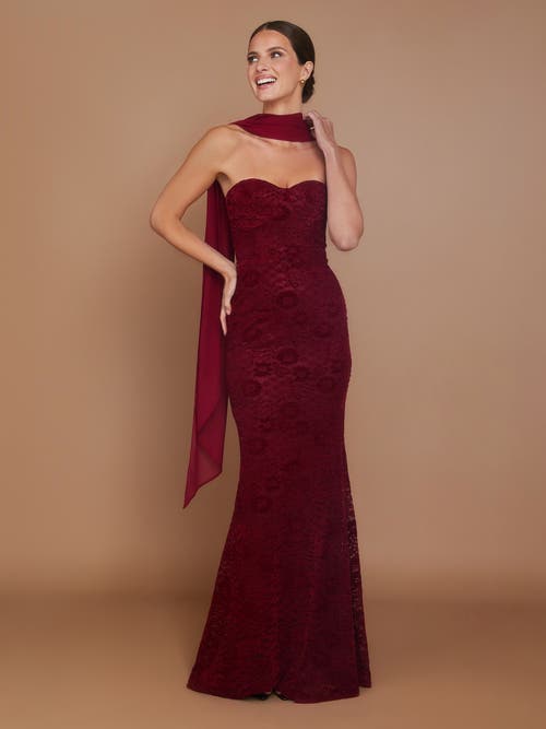 Six Stories Velvet Lace Corset Bandeau Maxi Dress In Burgundy