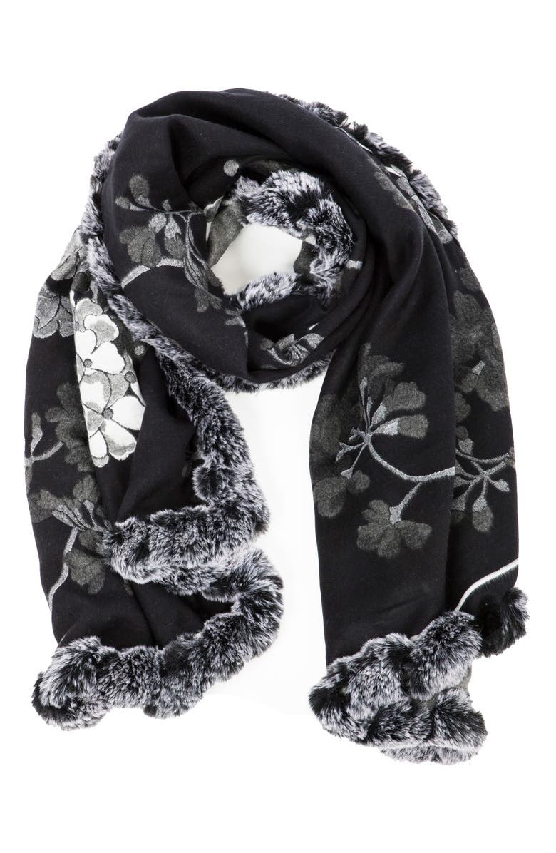 SAACHI Floral Reversible Scarf with Faux Fur Trim, Alternate, color, Black
