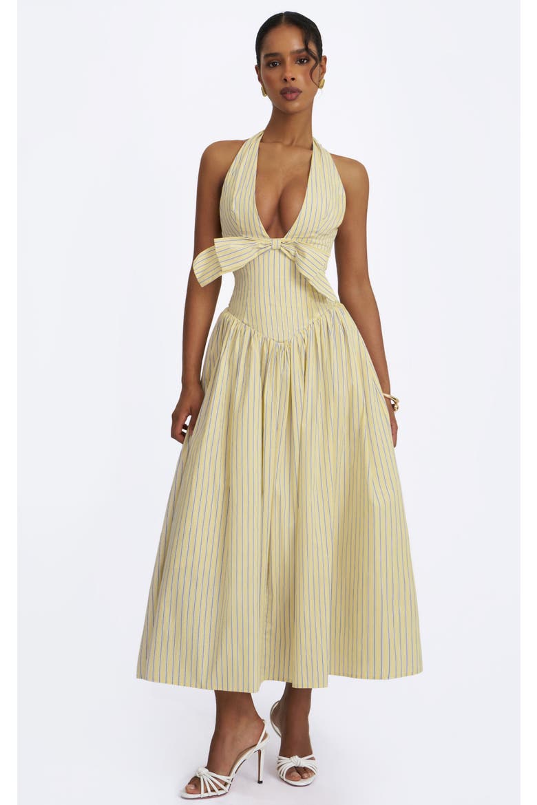 Talise Cotton Poplin Stripe Plunging Halter Maxi Dress, Main, color, Yellow
