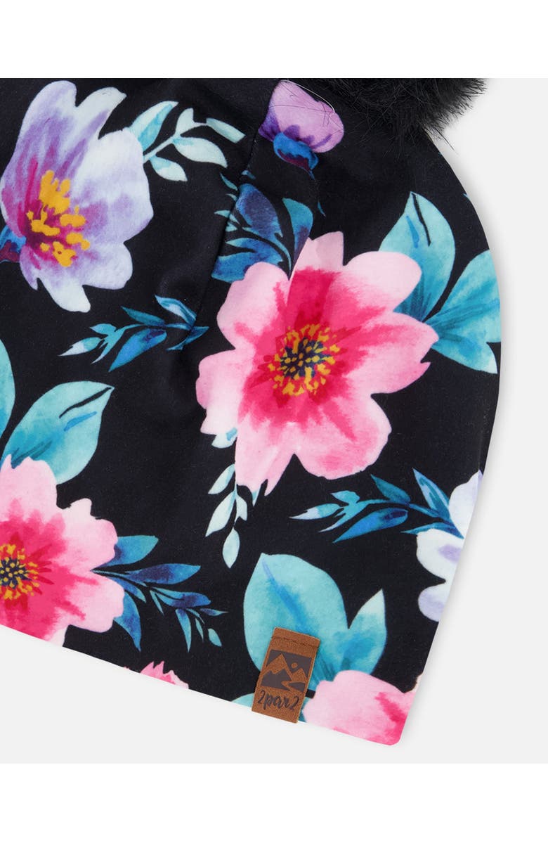 Deux par Deux Stretch Jersey Hat Printed Flowers with Pompom, Alternate, color, Black Floral Print