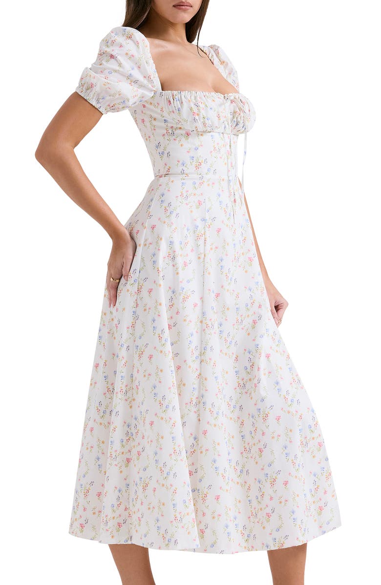 HOUSE OF CB Tallulah Puff Sleeve Midi Dress, Alternate, color, White/ Pink Floral Print