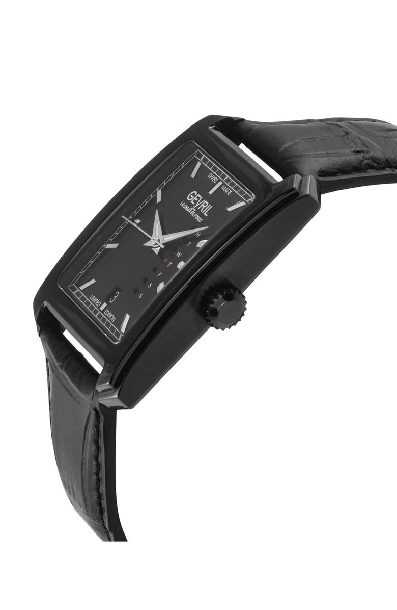 GEVRIL Manhattanhenge Automatic Rectangle Croc Embossed Leather Strap Watch, 39mm, Alternate, color, Black