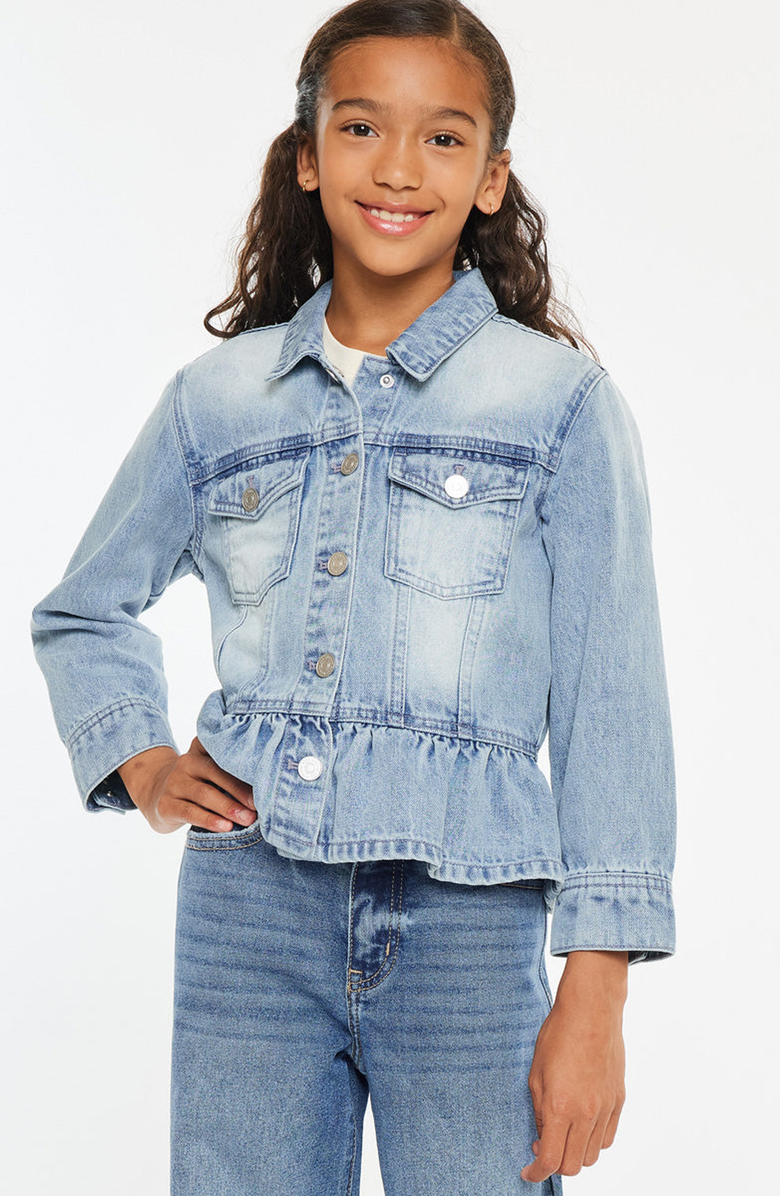 KanCan Penny Peplum Denim Jacket, Alternate, color, Light Wash