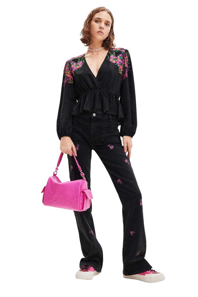 Blus Lorna Floral Print Peplum Top, Alternate, color, BLACK
