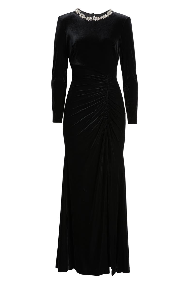 Rhinestone Detail Long Sleeve Velvet Gown, Alternate, color, BLACK