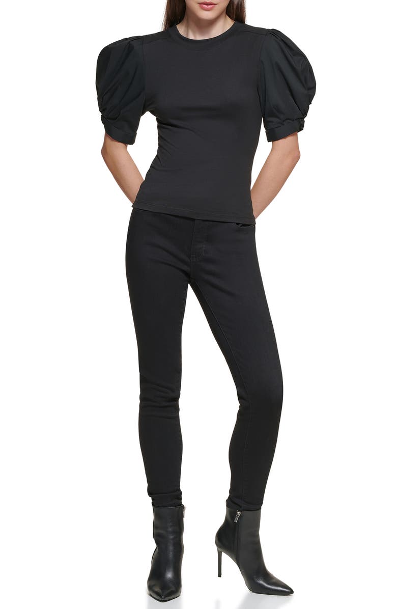 DKNY Puff Sleeve Mixed Media Top, Alternate, color, 