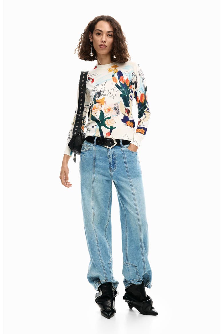Floral Fine Gauge Crewneck Sweater, Alternate, color, LIGHT BEIGE