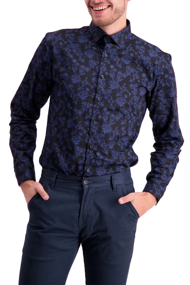 Long Sleeve Floral Printed Regular Fit Shirt, Main, color, BLACK