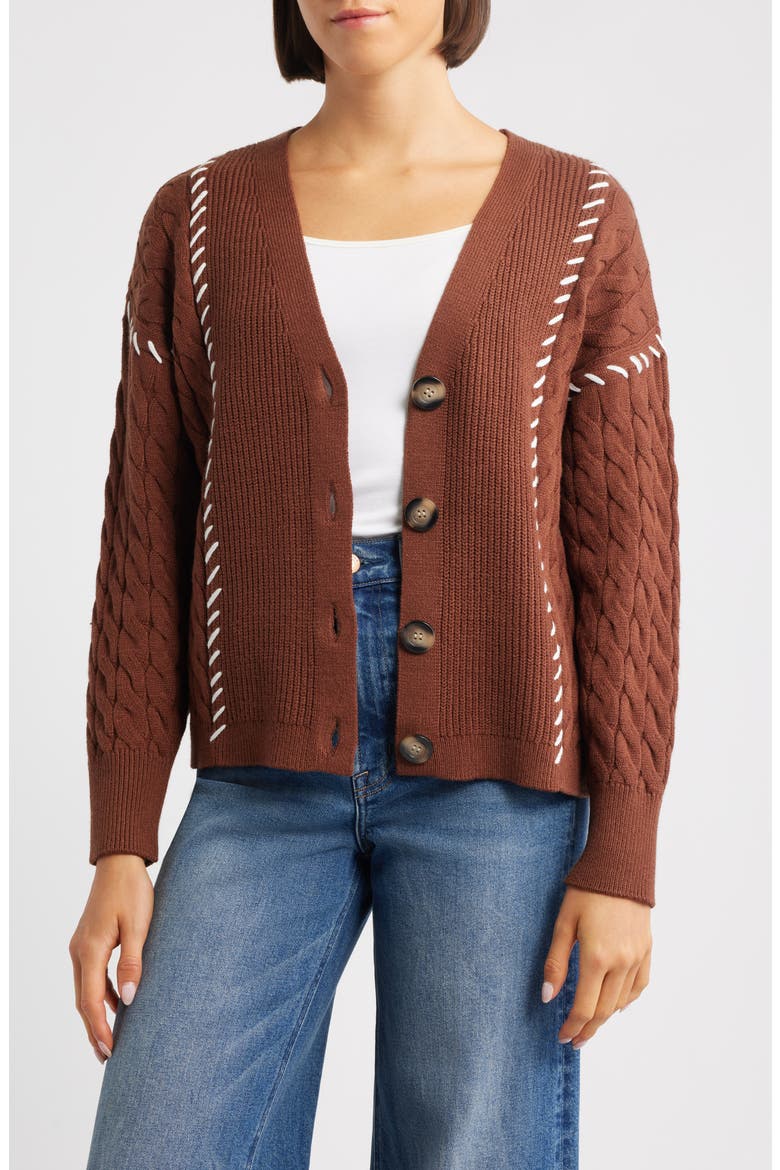 Whipstitch Cable Cardigan, Main, color, BROWN
