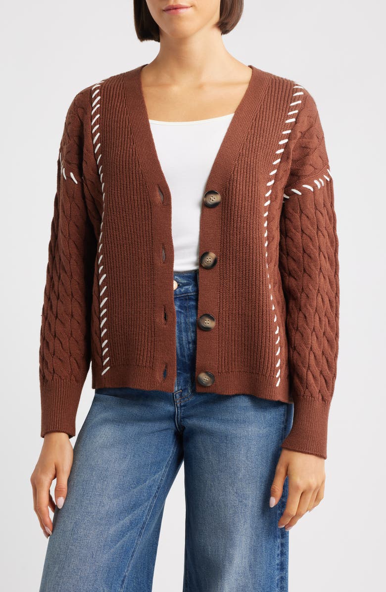CITY BLUES Whipstitch Cable Cardigan, Main, color, Brown