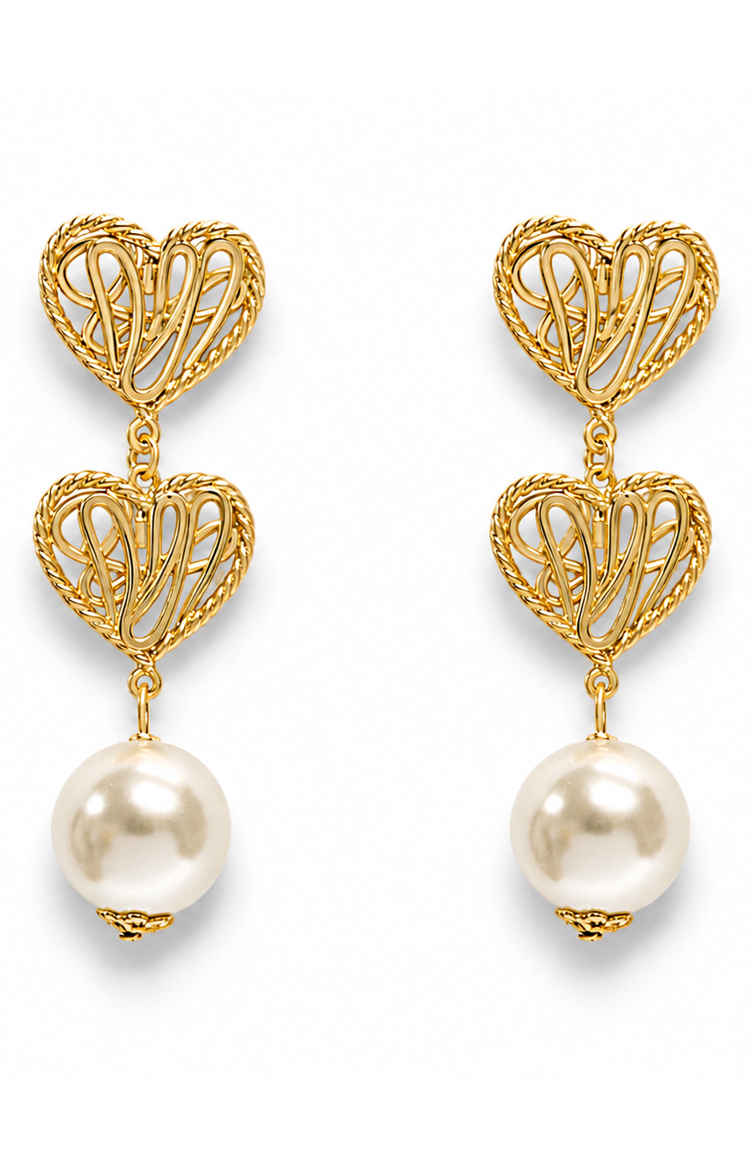 Golden Heart Faux Pearl Drop Earrings