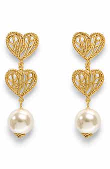 Golden Heart Faux Pearl Drop Earrings