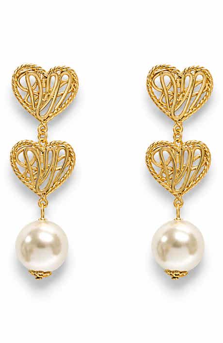 Golden Heart Faux Pearl Drop Earrings