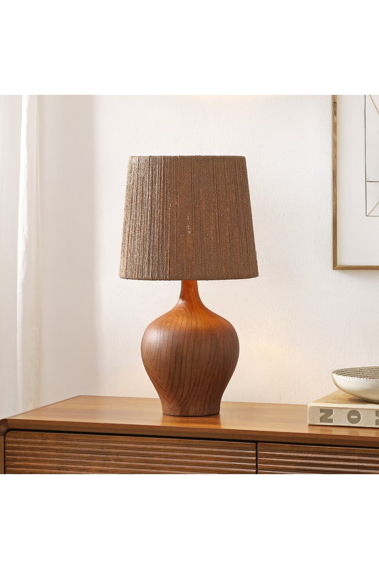 Eben Farmhouse Resin/Metal Gourd LED Table Lamp with Paper Rope Shade, Alternate, color, Brown Wood Finish