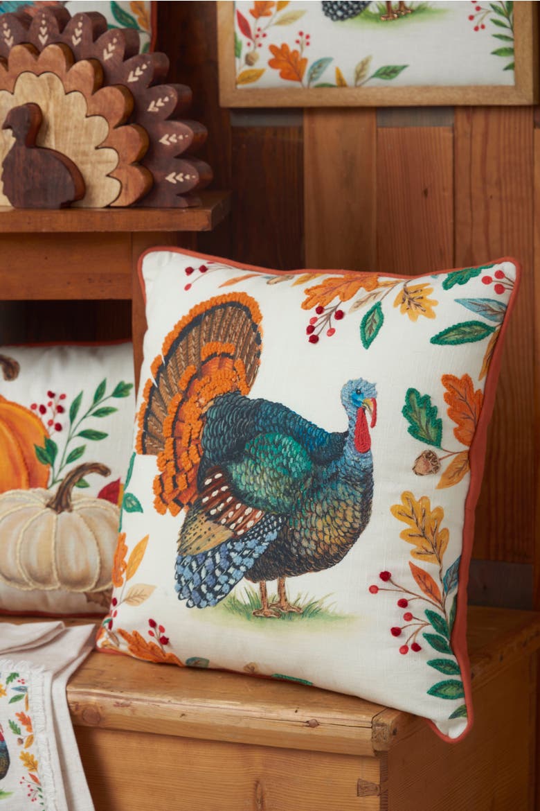 Thanksgiving Turkey Cotton Blend Accent Throw Pillow 18" x 18", Alternate, color, Blue