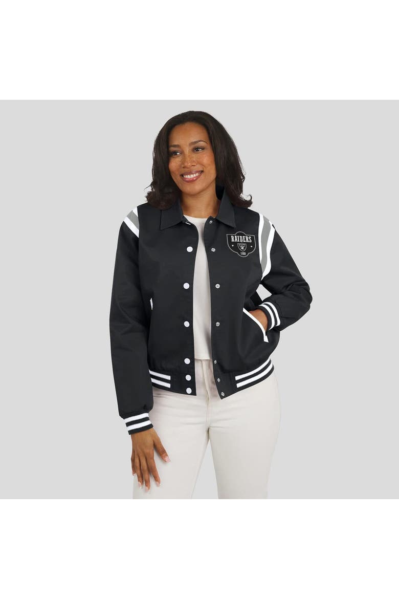 Women's WEAR by Erin Andrews Black Las Vegas Raiders Varsity Lightweight Full-Snap Jacket, Alternate, color, Black