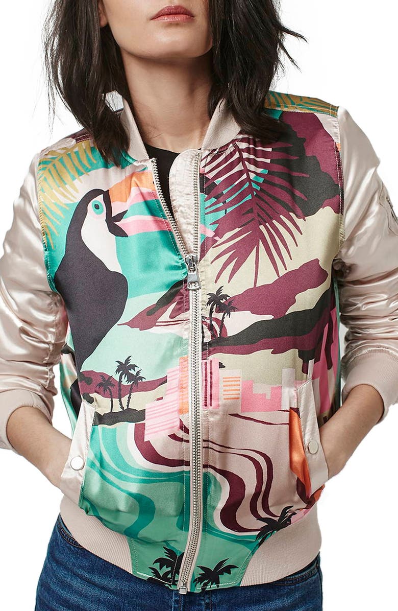 Topshop 'Rio Parrot' MA1 Bomber Jacket, Alternate, color, 