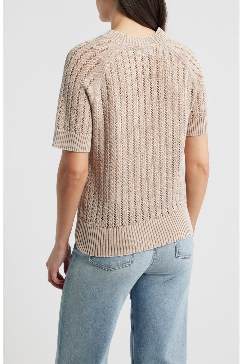 Washed Openwork Knit Rib Short Sleeve Sweater, Alternate, color, LATTE