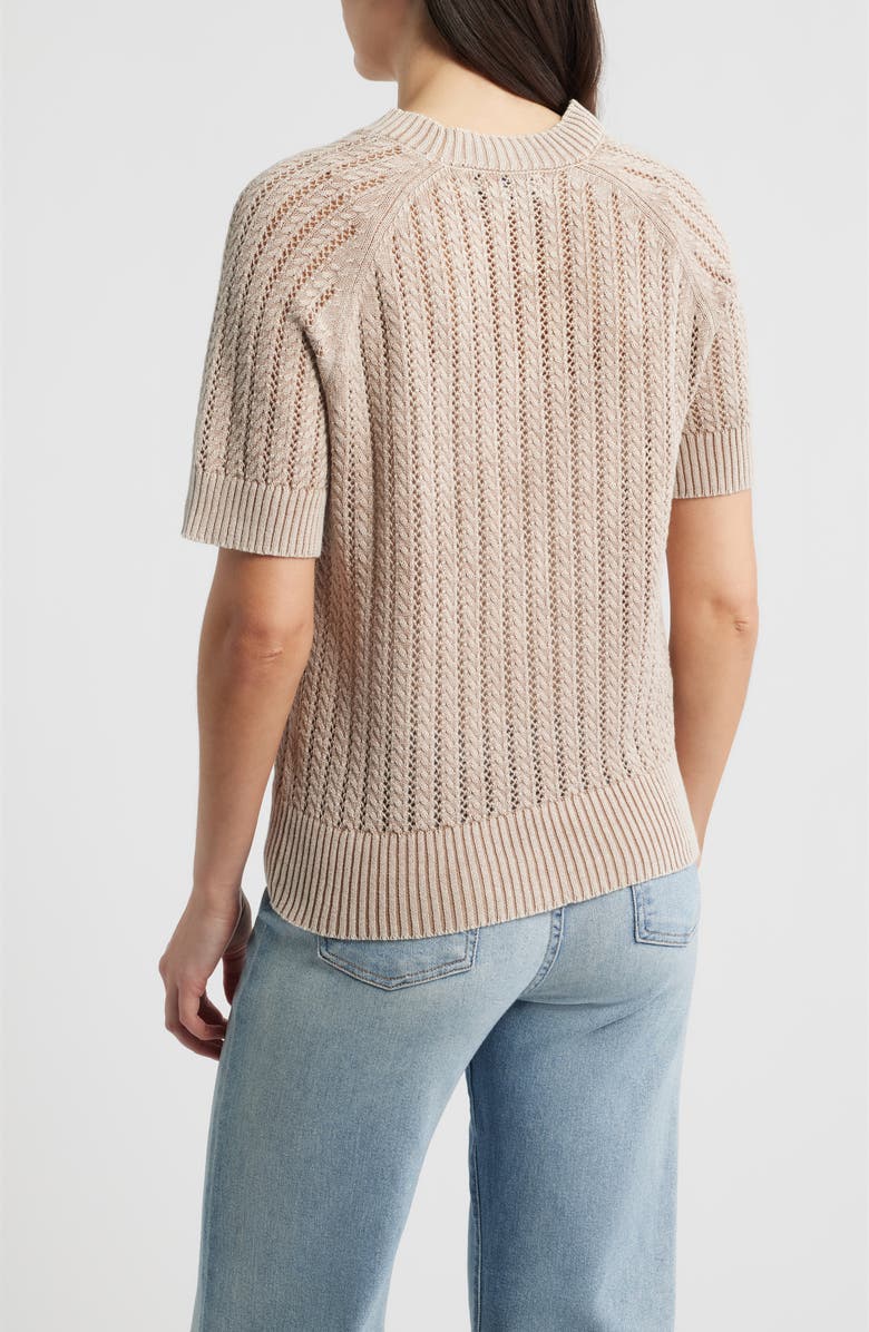 CITY BLUES Washed Openwork Knit Rib Short Sleeve Sweater, Alternate, color, Latte