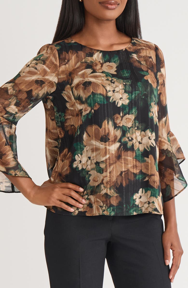 KASPER Metallic Ruffle Sleeve Top, Alternate, color, Evergreen Multi