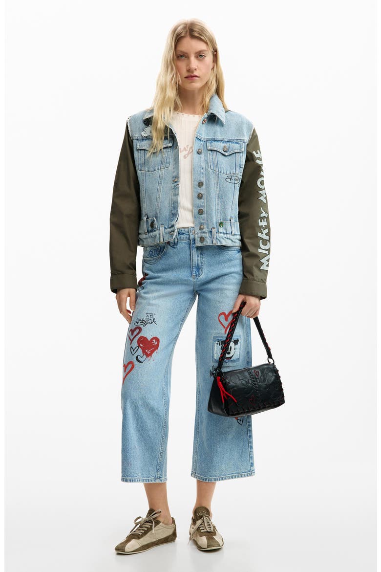 Mickey Mouse Embroidered Mixed Media Denim Hooded Jacket, Alternate, color, MEDIUM BLUE