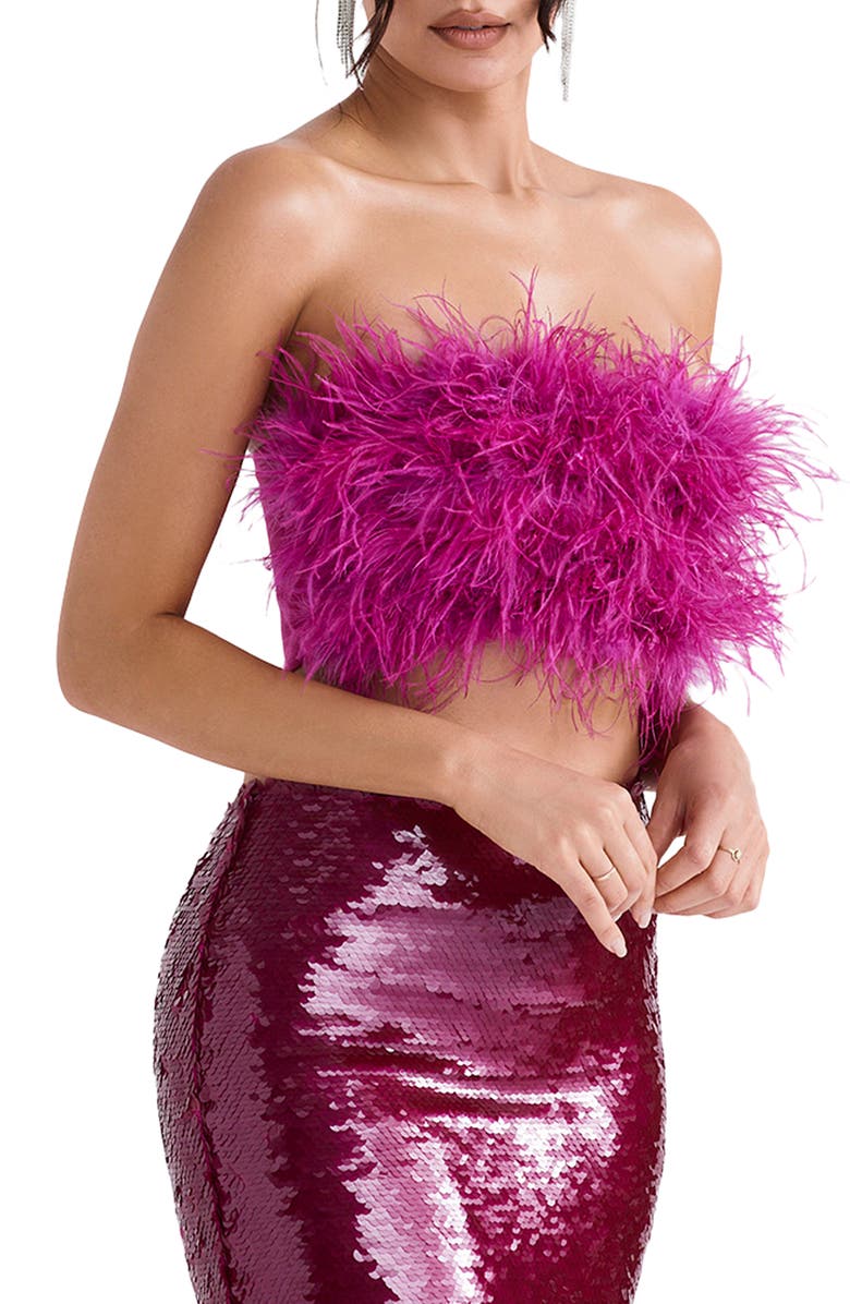 HOUSE OF CB Fenella Feather Strapless Crop Top, Alternate, color, Hot Pink