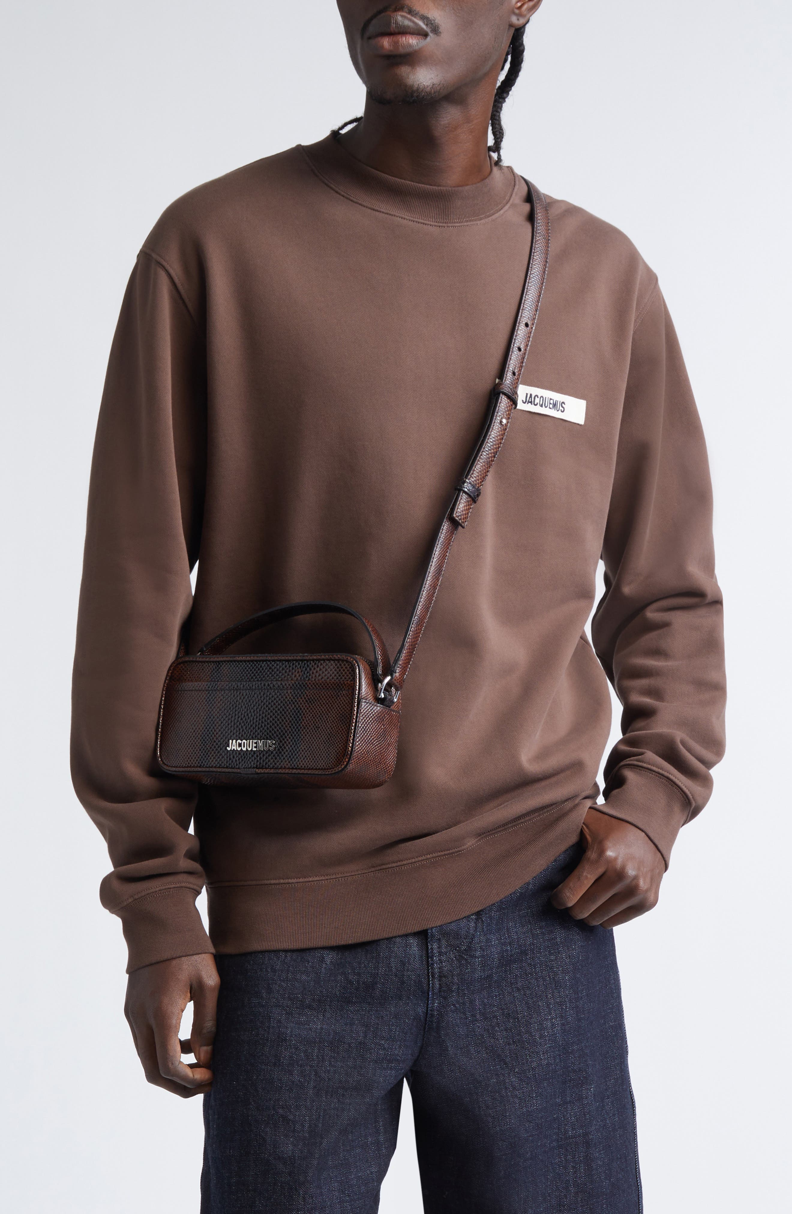 Jacquemus Le Baneto Snakeskin Embossed Leather Camera Bag, Alternate, color, Dark Brown 880