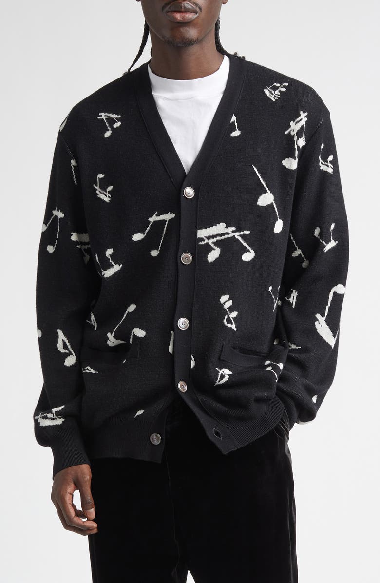TAKAHIROMIYASHITA TheSoloist. Music Note Jacquard Wool Cardigan, Main, color, Black X White