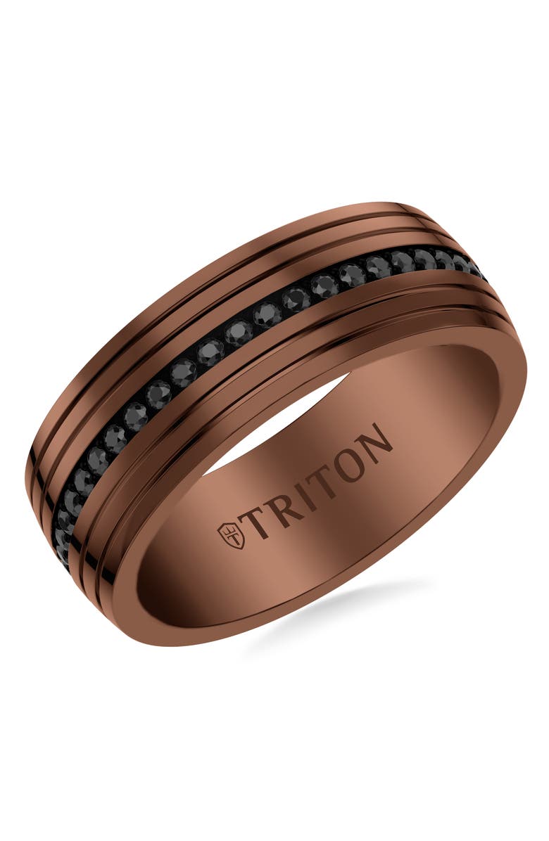 Triton 8MM Espresso Tungsten and Black Tungsten Stripe Inlay with Black Sapphire Eternity Center and Bevel Edge, Main, color, 
