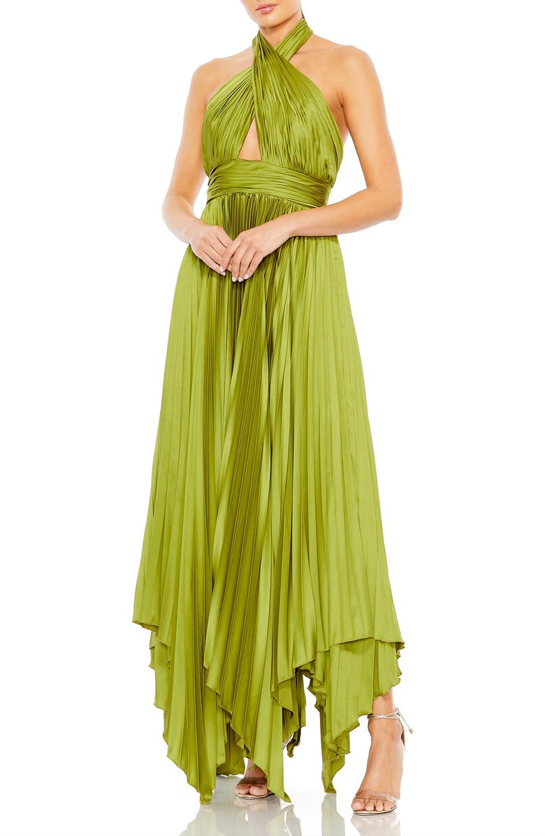 Mac Duggal Crisscross Halter Neck Accordion Pleat Handkerchief Gown, Main, color, Apple Green