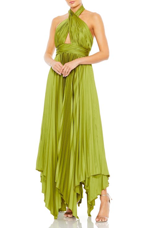 Crisscross Halter Neck Accordion Pleat Handkerchief Gown