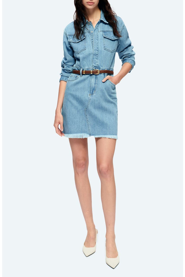 Resa Long Sleeve Fray Hem Denim Mini Shirtdress, Main, color, LIGHT BLUE