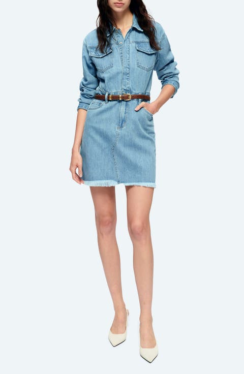 Resa Long Sleeve Fray Hem Denim Mini Shirtdress