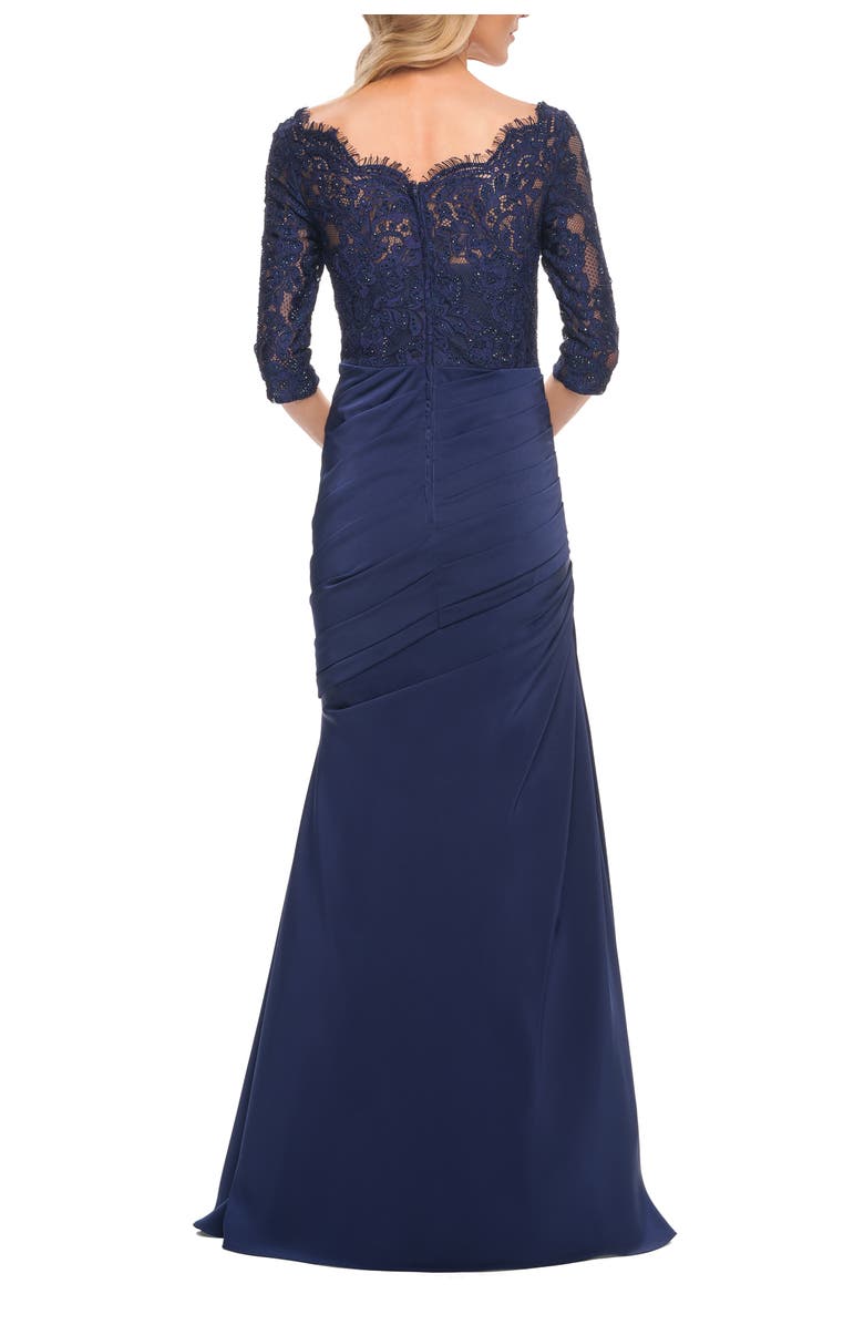 La Femme Gathered Mermaid Satin Gown with Lace Top, Alternate, color, Navy
