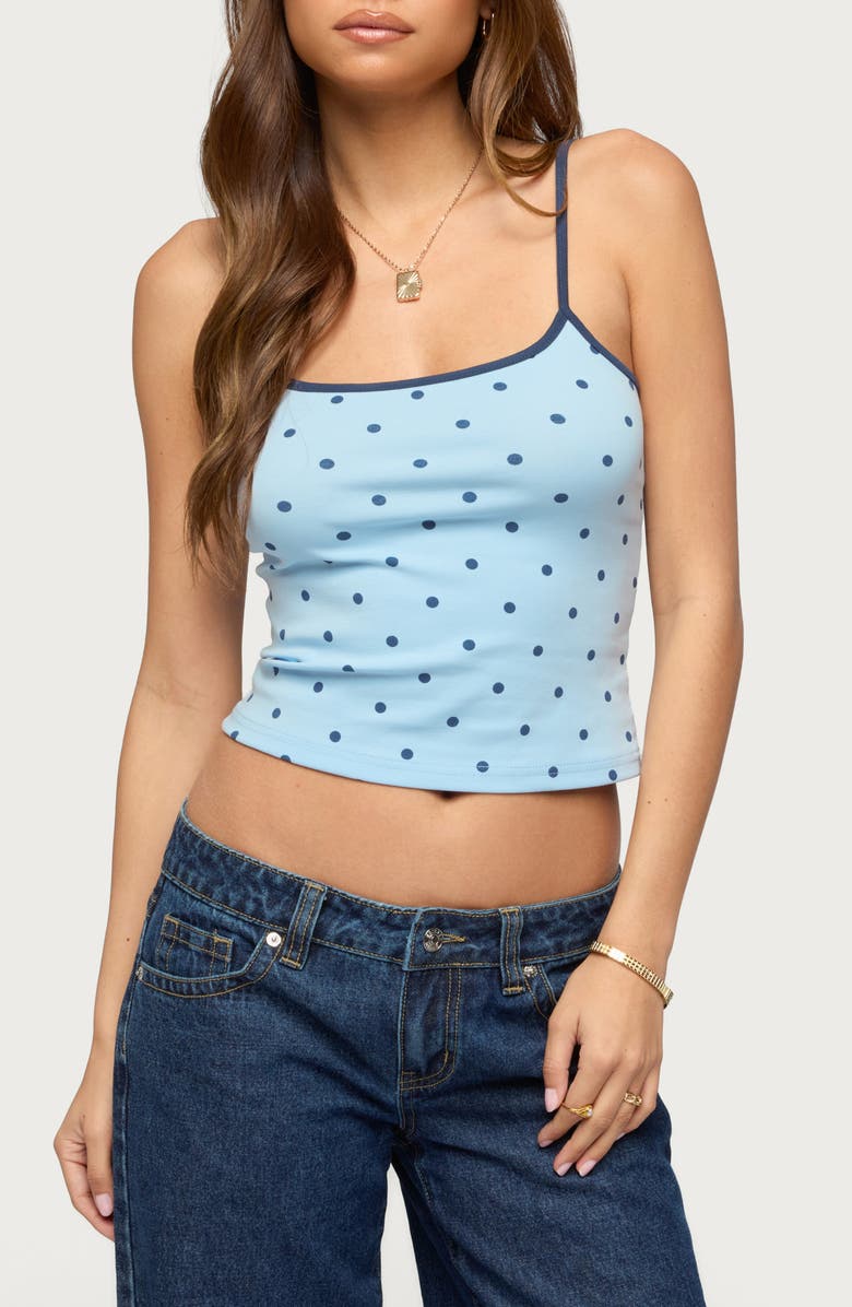 EDIKTED Carlah Polka Dot Camisole, Main, color, Light-Blue-And-Navy