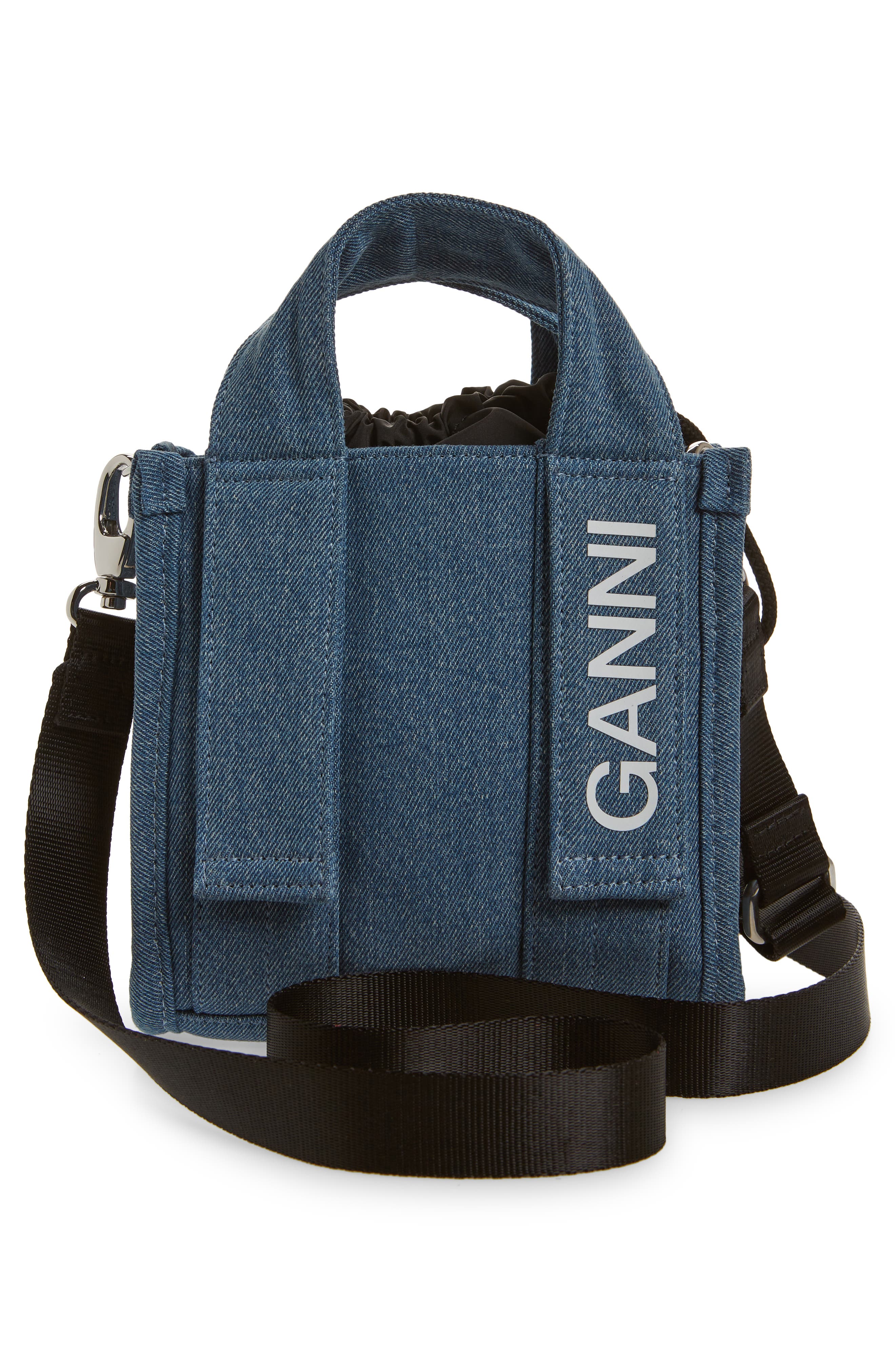 Ganni Mini Recycled Polyester Denim Tech Tote, Alternate, color, 
