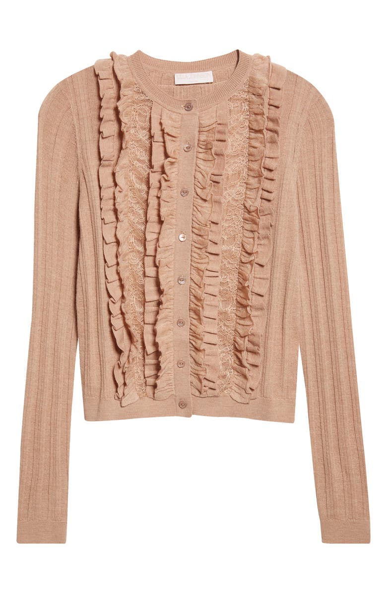 Ulla Johnson Maryel Ruffle & Lace Merino Wool Cardigan, Alternate, color, Camel Melange