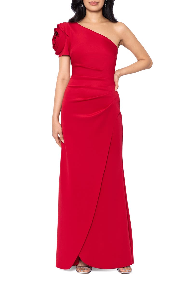 Rosette Detail One-Shoulder Gown, Main, color, RED