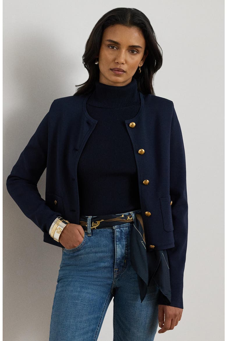 Crewneck Crop Sweater Jacket, Alternate, color, LAUREN NAVY
