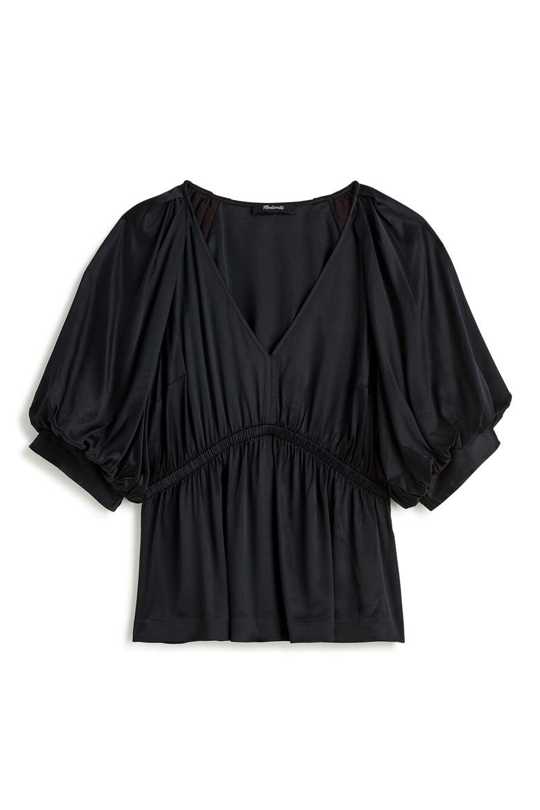 Shirred Puff Sleeve Satin Top, Main, color, TRUE BLACK