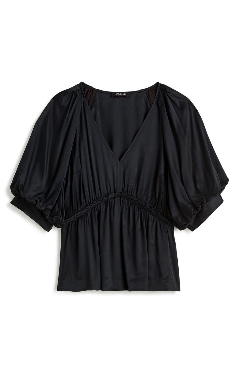 Madewell Shirred Puff Sleeve Satin Top, Main, color, True Black