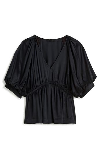 Madewell Shirred Puff Sleeve Satin Top In True Black
