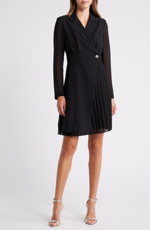 Crystal Button Long Sleeve Mixed Media Coat Dress