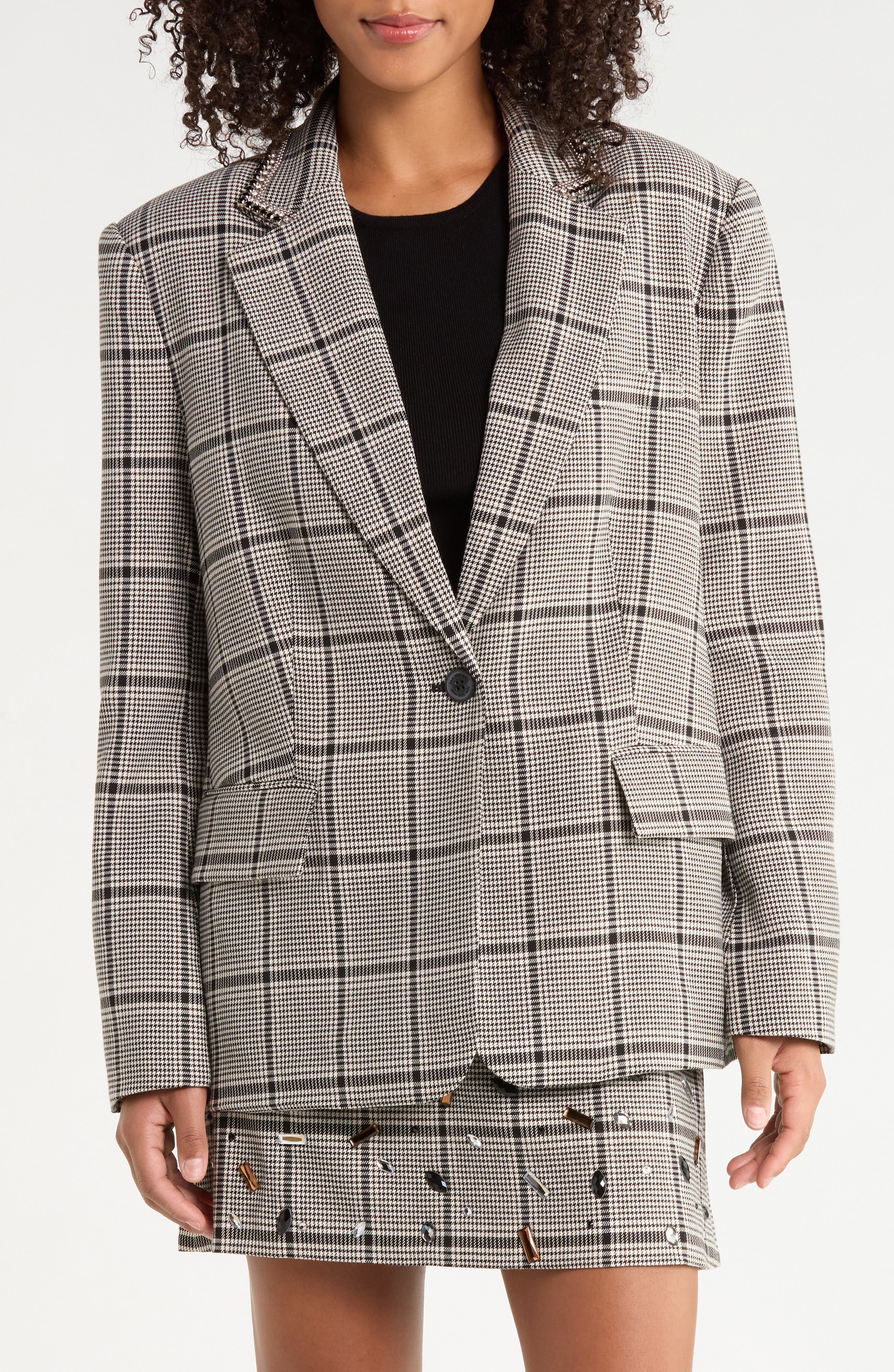 Sam Edelman Rhinestone Trim Oversized Plaid Blazer (Women) | Nordstrom