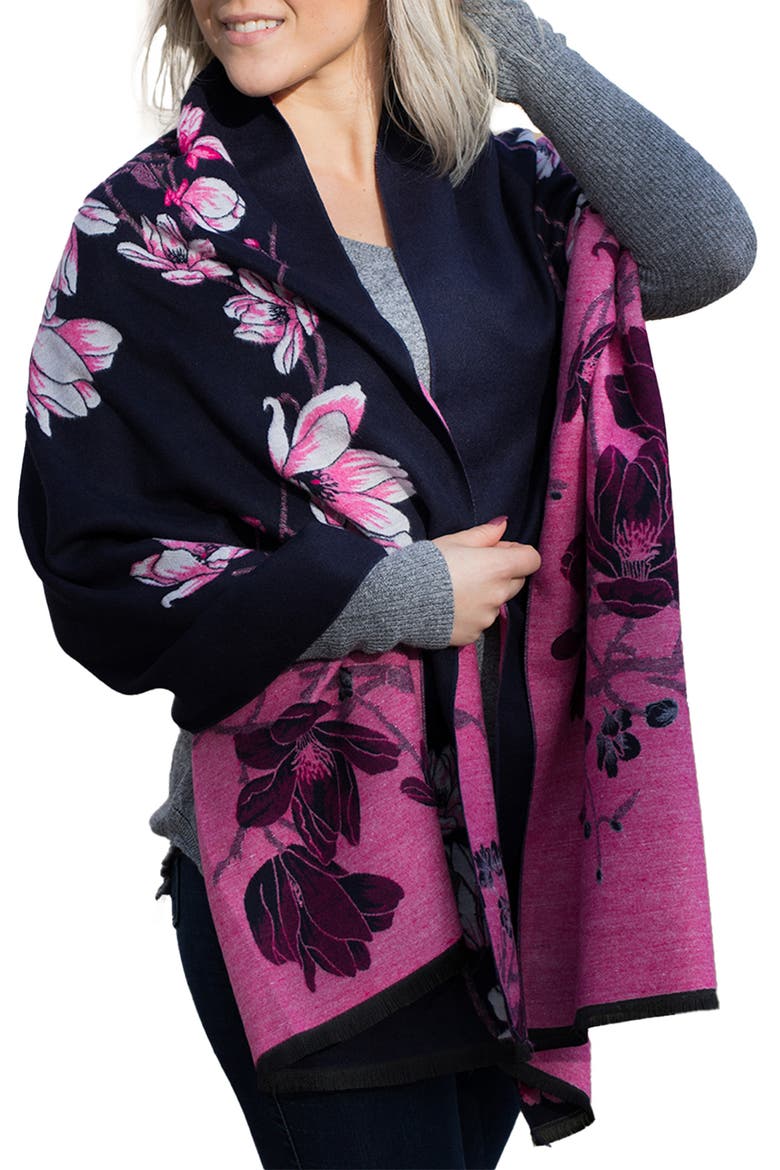 Floral Pattern Reversible Scarf, Main, color, NAVY COMBO