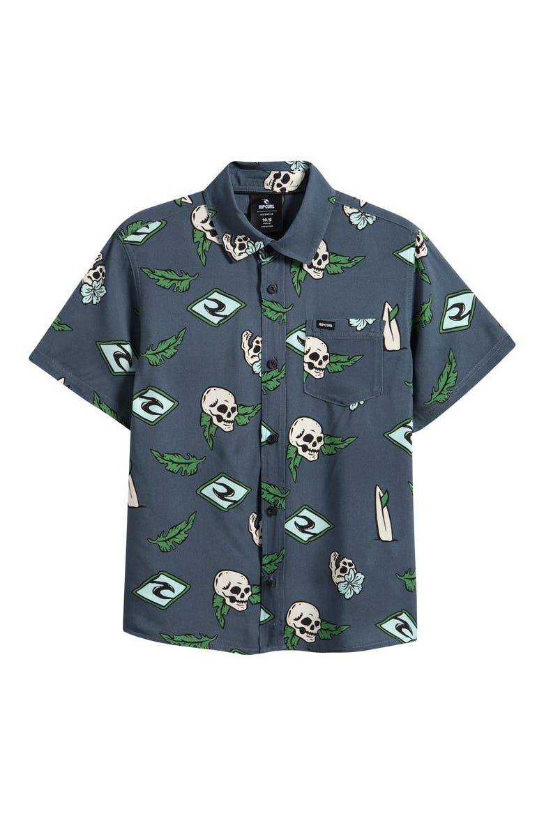 Kids' Sunset Sesh Short Sleeve Button-Up Shirt, Main, color, PINE NIGHT