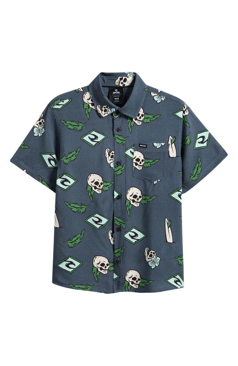 Rip Curl Kids' Sunset Sesh Short Sleeve Button-Up Shirt, Main, color, Pine Night