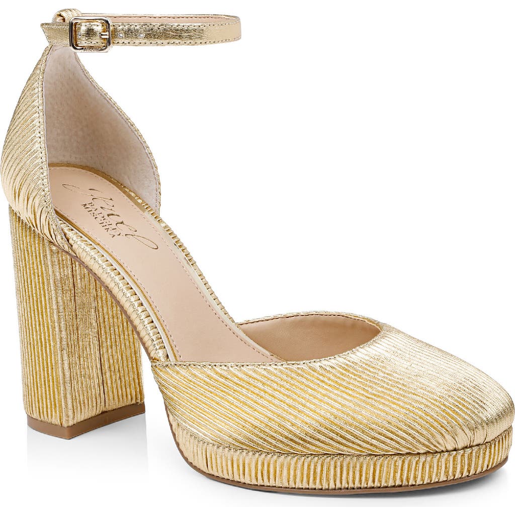 Jewel Badgley Mischka Stephanie Ankle Strap Platform Pump In Gold Fabric